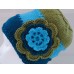 New  Beanie Hat with Flower  TriColor Blues & Green  Handmade Hand Knit  eb-84727572