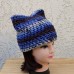 's Kitty Cat Hat  Blue Dark Brown Off White Soft Crochet Knit Winter Beanie  eb-92141590